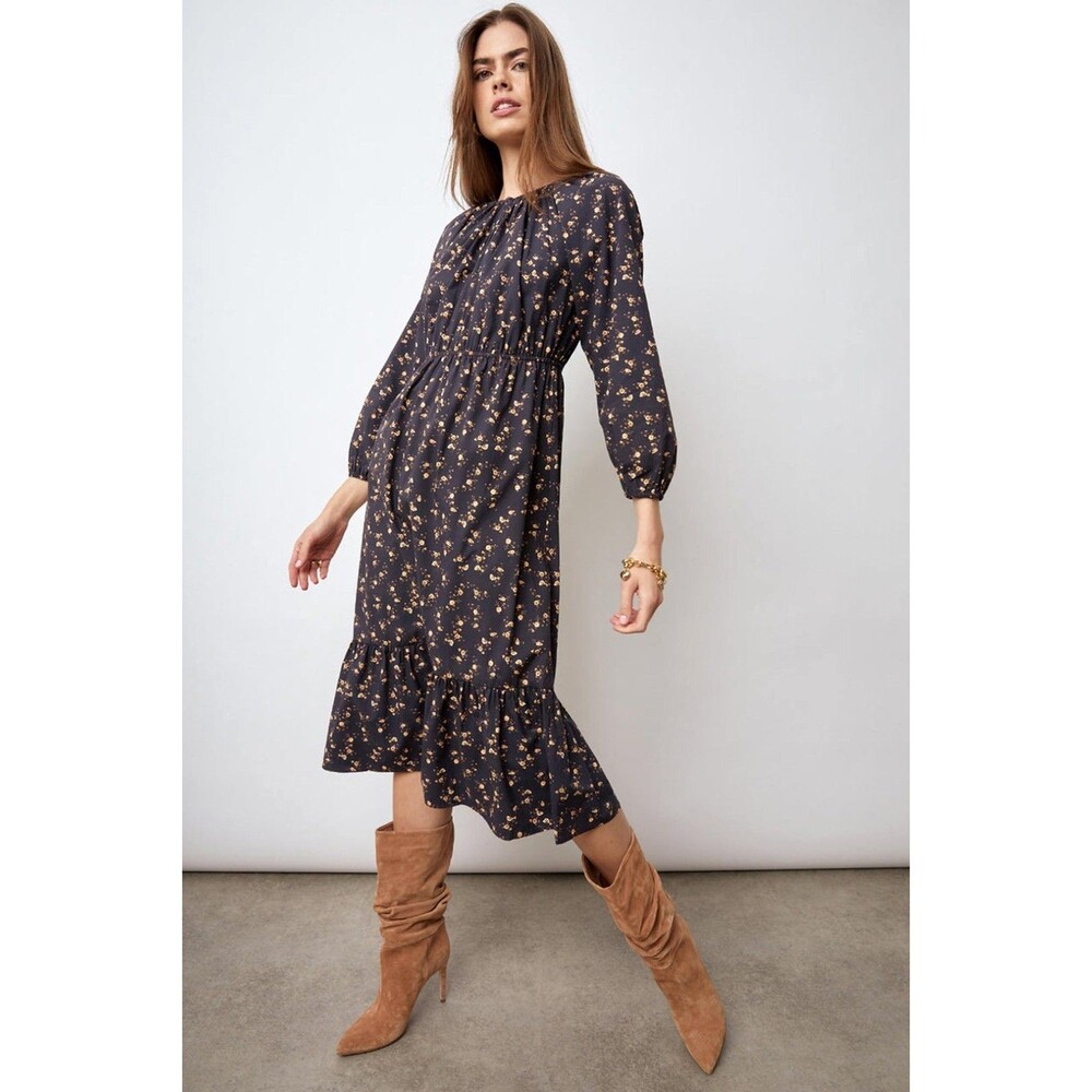 Rails Sal Black Floral Long Sleeve Midi Dress M Cotton Blend Prairie Cottage